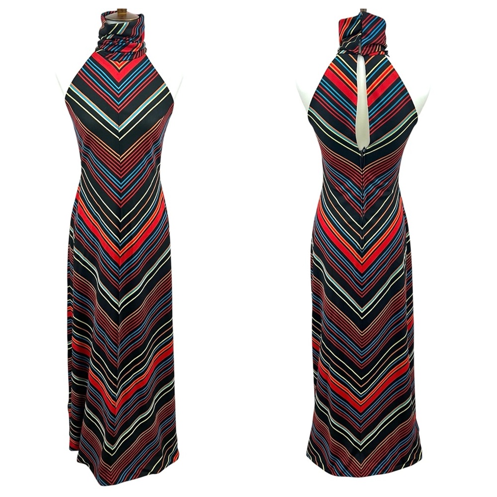 Vintage 70’s Rainbow Chevron Stripe Cowl Turtleneck Sleeveless Maxi Dress